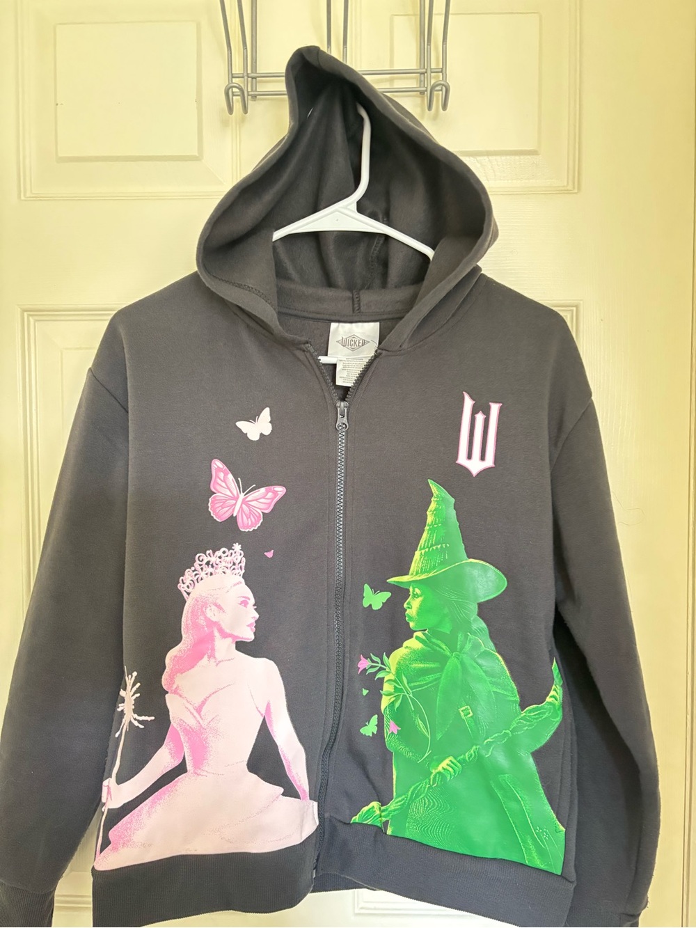 Kids Black Zip-Up Hoodie with Pink & Green Princess and Witch Graphics
